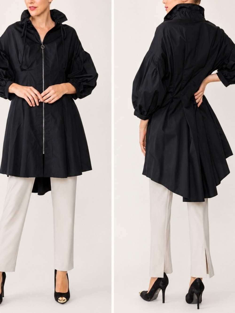 IC Collection Black Minimalist Stand Shirring Collar Waist-Pleats Darkts Jacket